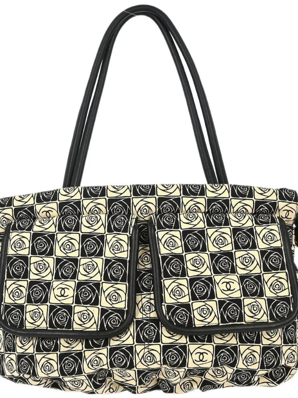 Chanel Black Beige Canvas Coco Ball Camellia Tote Handbag 197275
